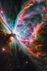 A nebula shaped like a cosmic butterfly, its vibrant colors shimmering