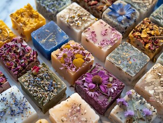 A collection of handmade herbal soaps with dried flowers embedded
