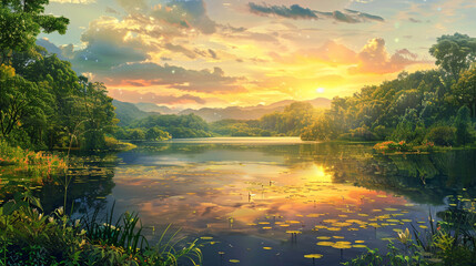 Scenic summer panorama featuring a colorful sunset painting the sky above a tranquil lake surrounded by lush greenery,