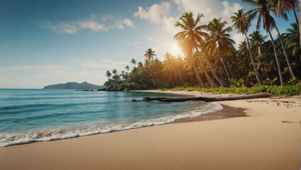 Tropical Paradise Banner, Sandy Beach and Palm Trees