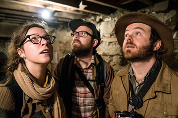 Explorers navigating underground labyrinth, discovering hidden wonders in subterranean cityscape adventure.