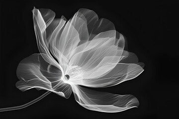 Abstract flower in x-rays on a black background. Black and white botanical illustration in minimalist style.