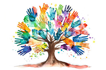 Tree with colorful children handprint for Culture Diversity Concept 