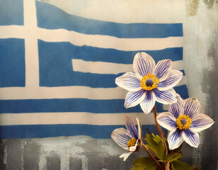 Greece flag and anemone flowers with green leaves and paint splashes on grunge bokeh heart background. copy space for your text	