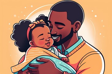 Cartoon Illustration on a light yellow background, a young black father holds his adorable newborn daughter in his arms and lulls her to sleep, the concept of love and care, family, Father's Day