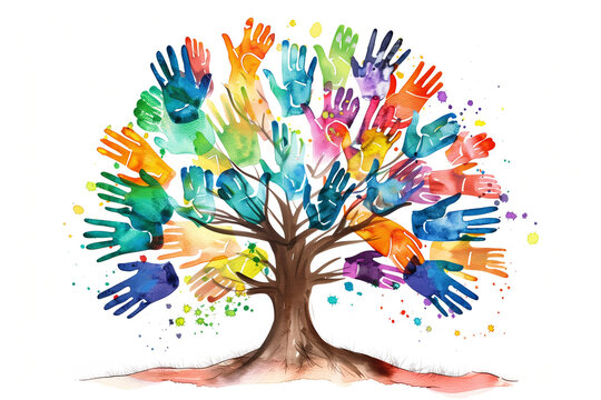 Tree with colorful children handprint for Culture Diversity Concept 