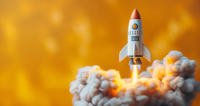 A model of a rocket taking off into the sky, launching vertically with flames and smoke billowing from its engines. - Powered by Adobe