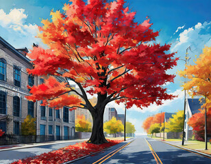 Pin oak trees with red leaves on the city road with a red car and buildings Quercus palustris, eastern North America	