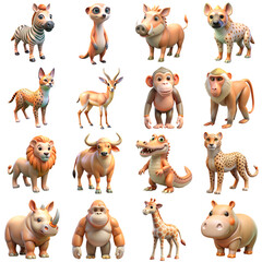 Fototapeta premium A set of 3D cartoon African animals, brightly colored and child-friendly, perfect for educational and entertainment uses.