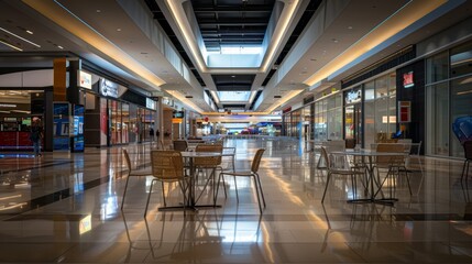 Empty chairs and tables in a modern shopping mall food court