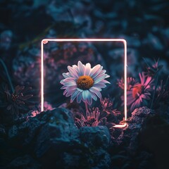 a daisy growing between withered flowers placed at the bottom of the picture, neon low lighted with a thin neon frame at the edge of the picture