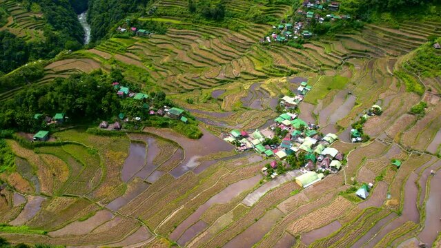 Aerial view of rice terraces in Bangaan Village, Sagada, Philippines.