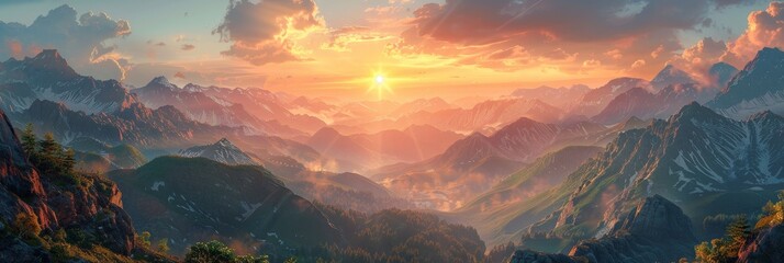 The sunrise over the mountains, a breathtaking panorama of majestic peaks against a backdrop of golden sunlight. 