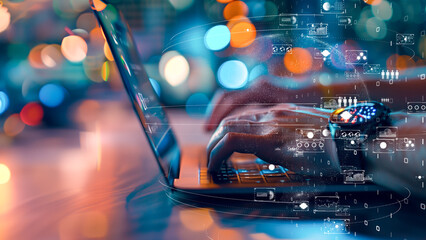 Modern office setting with AI interface on laptop, high-tech office environment.