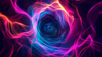 abstract neon spiral with glowing particle effect background 