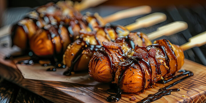corn dogs on sticks with chicken and bacon wrapped in praline cheddar cheese drizzled with marmite sauce, generative AI