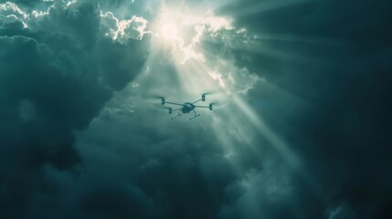 Naklejka premium A small tactical drone flying through a beam of sunlight breaking through thick clouds, symbolizing the search for clarity amidst chaos