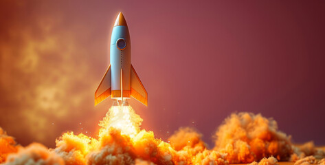 A rocket forcefully ascends into the sky surrounded by billowing clouds, leaving a trail of exhaust behind.