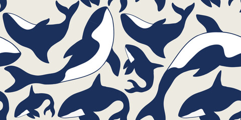Seamless pattern with whales. Line art pattern for wallpaper, web page background, surface textures.
