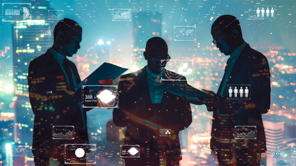 Entrepreneurs in a high-tech urban landscape, discussing data.