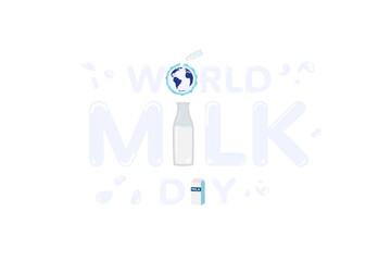 Cute World Milk Day Typographic Design isolated on a white background,  a bottle of milk pouring milk into an Earth icon, a carton of milk, dairy splash drop splatters. Vector Illustration.