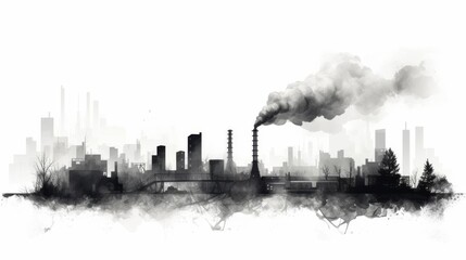 A black and white illustration of a factory.