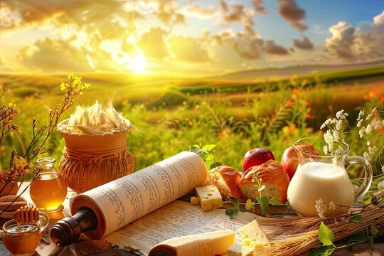 shavuot holiday background featuring a wicker basket filled with bread and a glass of milk, accompanied by a white flower and an open book, set against a backdrop of green grass and a
