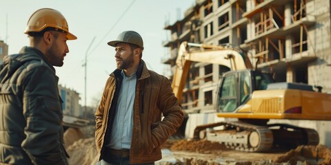 Caucasian male real estate investor and civil engineer conversing at the construction site of an apartment complex. Colleagues discussing the building's progress.