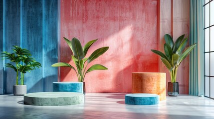 A creative podium layout with asymmetrical platforms arranged in a dynamic composition. The backdrop is a solid color, providing a simple and clean setting that draws attention to the product