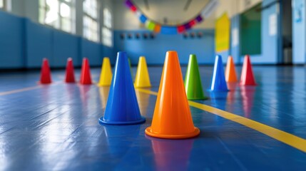 Colorful cones for children's physical education activities.