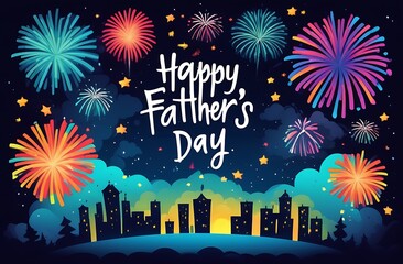 Father's Day greeting card, illustration of colorful fireworks against the background of the starry sky and the night city
