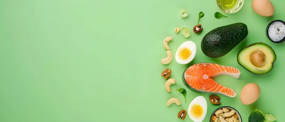 Healthy Food Flat Lay on Green Background with Copy Space