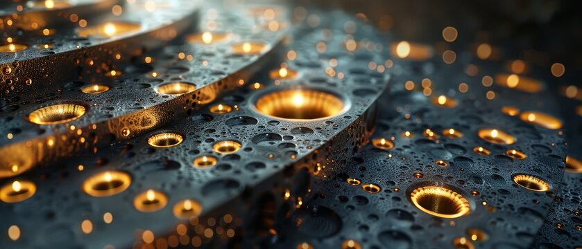 Close-up of textured metal surfaces with illuminated holes and golden lights; abstract artistic representation of industrial design.