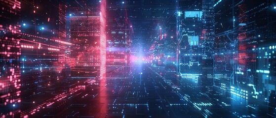 Obraz premium Futuristic digital technology background with vibrant neon lights and circuit board patterns, perfect for tech and innovation themes.