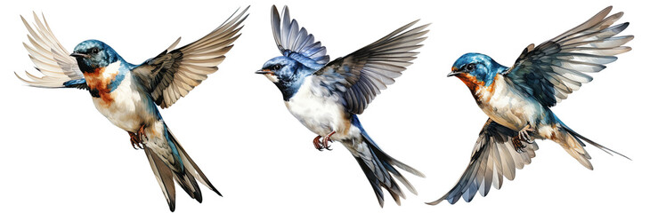 Naklejka premium Set of Swallow bird with watercolor painting style isolated on transparent background.
