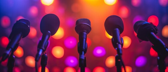 Row of microphones on stage with colorful bokeh lights in the background, amplifying a vibrant and...