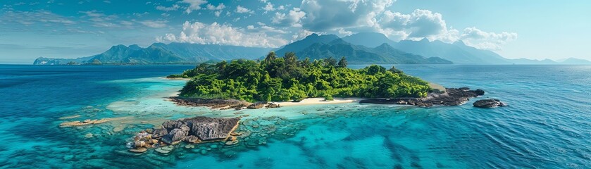 Aerial view of a lush island surrounded by clear blue waters and distant mountains, sunny day