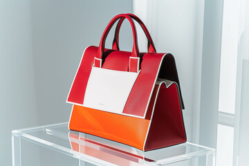A chic red and orange handbag with white accents, resting on a modern clear acrylic table with a solid white background, - Powered by Adobe