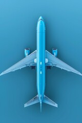 Blue airplane on matching blue background, topdown view, minimalistic and modern design