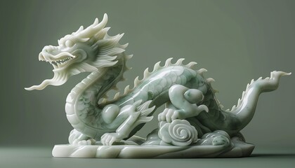 Fototapeta premium Elegant jade dragon sculpture against a solid green background, highlighting its intricate details