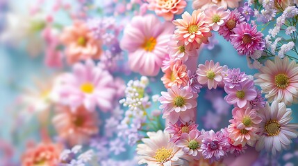 Floral number six design with mixed flowers, soft focus, pastel background, bright natural light, celebratory theme