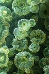 Microscopic view of green bacterial colonies, intricate and detailed, scientific and mesmerizing