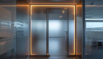 See an office door with a frosted glass panel and an embedded LED light strip