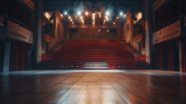Empty Theater Stage with Seats and Spotlights for Event or Performance Design