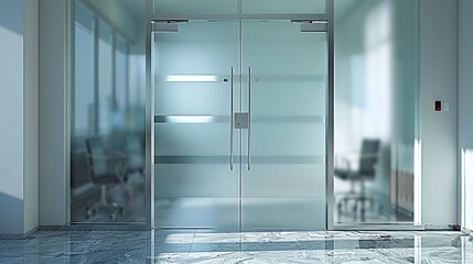 Visualize a double office door with frosted glass panels and chrome handles