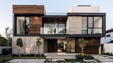 Exterior luxury front facade new modern home exterior with garage door, residential architecture