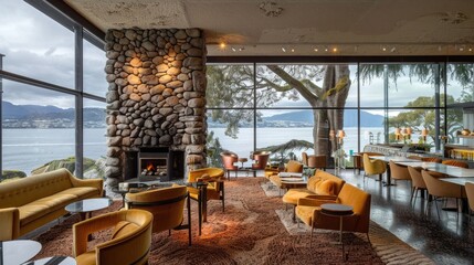 A cozy cafe with a large stone fireplace, featuring a comfortable and colorful sofa set on a brown carpet, situated in a spacious area by the lakefront surrounded by large old trees.