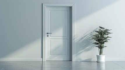 Visualize a minimalist white office door with a hidden handle and clean lines
