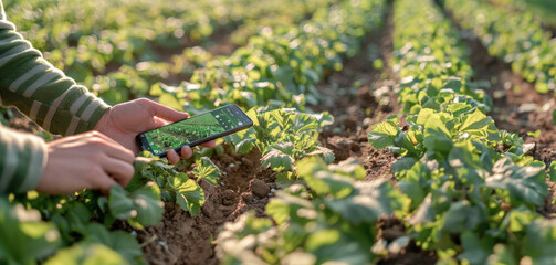 Hands using a smartphone app to analyze crop images for disease,  modern farming meets mobile technology, natural field light contrasts with the smartphone's glow .