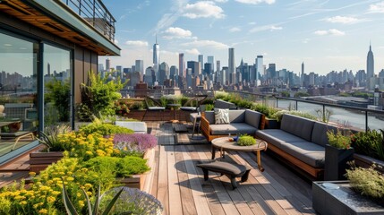 Contemporary rooftop garden with greenery seating areas and a panoramic view of the city skyline